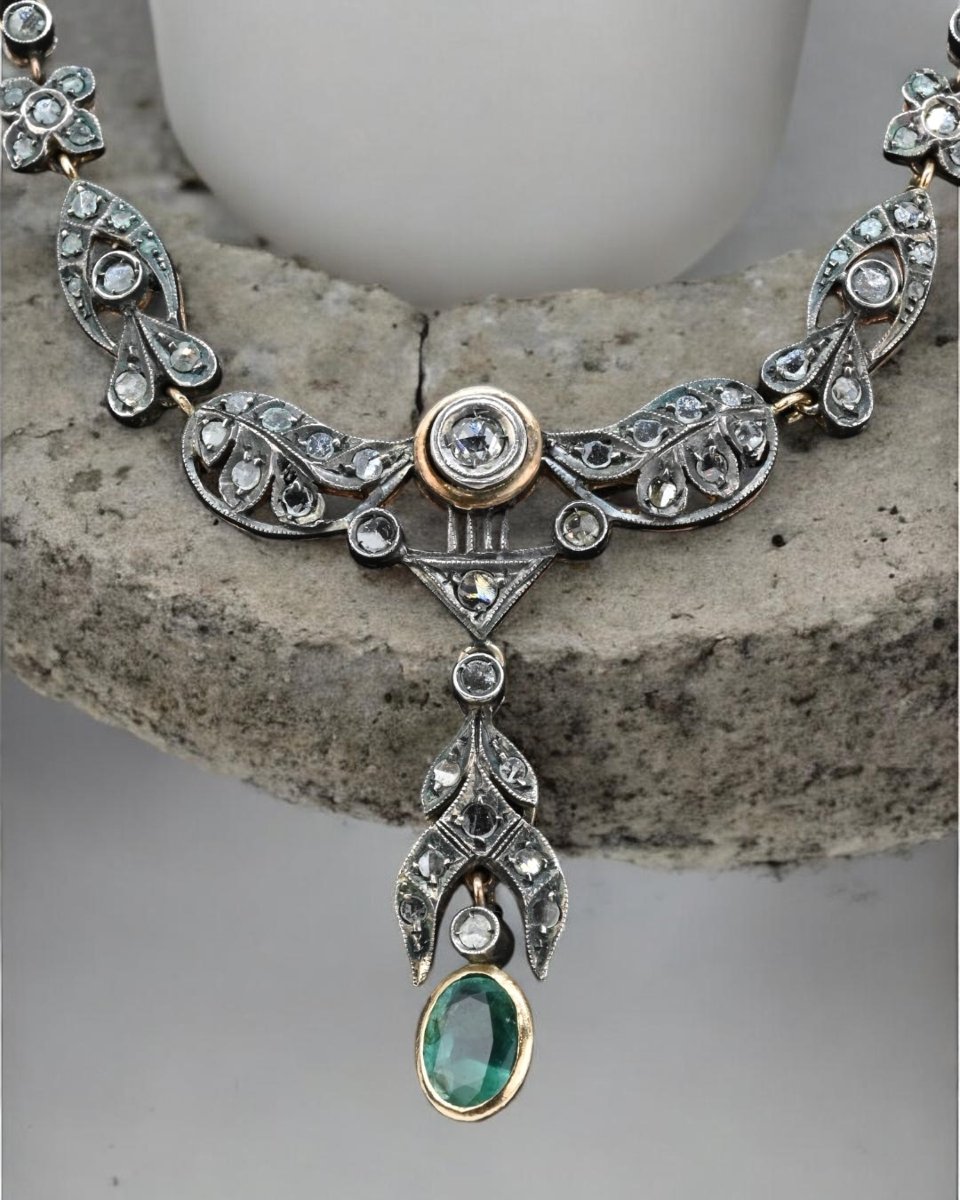 Collana In Argento, Oro, Rose Di Diamanti Con Pendente in Smeraldo - Italia Inizio XX Secolo-photo-2